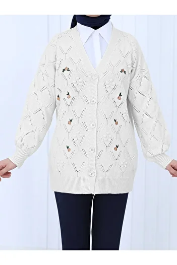 Modamorfo Stone Colored Pompom Floral Embroidered Cardigan - Buttoned