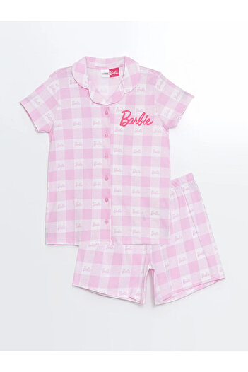 LC Waikiki LCW Kids Beyaz Gömlek Yaka Barbie Baskılı Kız Çocuk Şortlu Pijama Takımı