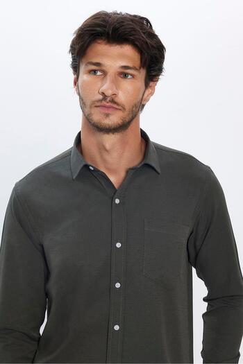 Tudors Men's Regular Fit Classic Cut Cotton Single Pocket Dobby Khaki Shirt