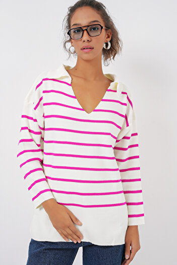 Bigdart 15778 Pulover oversize cu dungi - fucsia