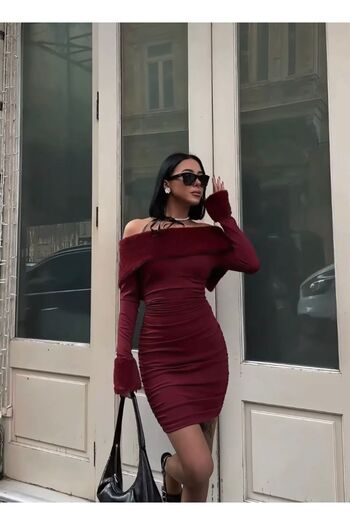 charme butik Kadın Bordo Kürk Detaylı Mini Boy Elbise