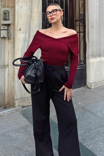 Swist Burgundy Adria Degaje Collar Off-The-Shoulder Women's Knitwear Sweater