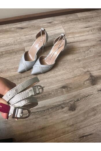 LİNEER Kadın Gri Renk Taş Işlemeli Rahat 7 Cm Kadeh Topuklu Stiletto Gelin Ayakkabısı