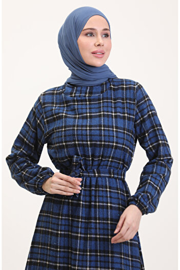 sefamerve Oduncu Kumaş Kuşaklı Elbise 0561-03 Saks