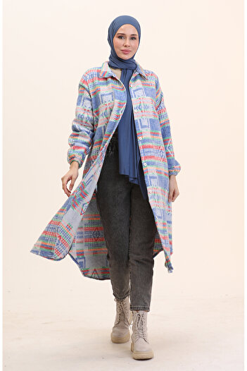sefamerve Blue Ethnic Patterned Cap with Buttons, 0556-02