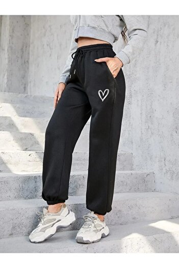 memowear Unisex Heart Printed Oversize Φούτερ με ελαστική μέση και πόδι