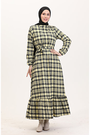 sefamerve Lumberjack Fabric Belted Dress 0561-04 Yellow