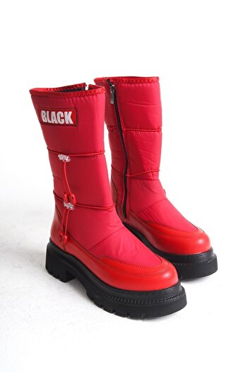 Demashoes Kırmızı Fermuarlı Kolay Giyilebilir Karda Kaymaz Taban Çocuk Kar Botu