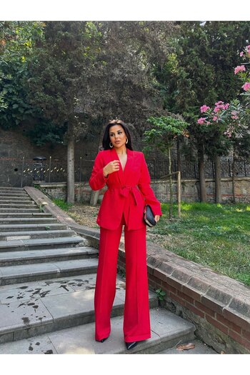 Bella Breeze Women's Belt Detailed Jacket Pants Suit