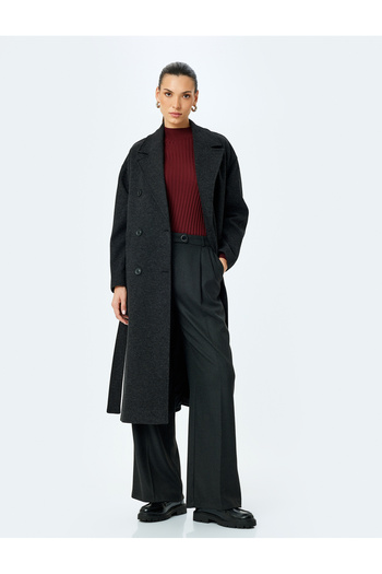 Koton Double Breasted Long Coat with Pockets and Belt Detail