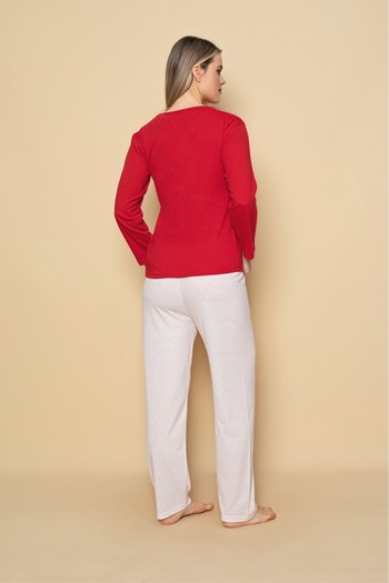 CALİA Women's Combed Cotton Crew Neck Beige Color Long Sleeve Pajama Set