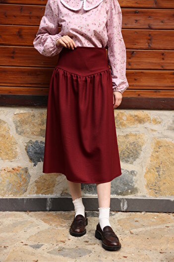 KÜÇÜĞÜM BUTİK Vintage Thick Belted Burgundy Wool Effect Skirt