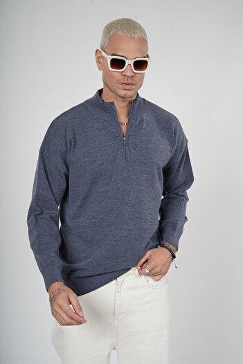 king brich Men's Oversize Knitwear Sweater with Stand Collar Half Zipper