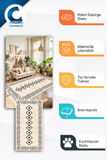 Confidence Home Makinede Yıkanabilir Kaymaz Taban Leke Tutmaz Bej Mutfak Halısı Salon Halısı Ve Yolluk