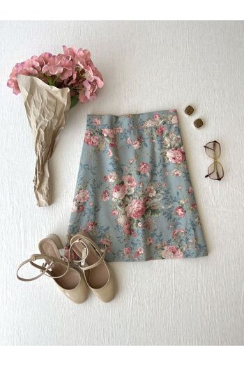 KÜÇÜĞÜM BUTİK Turquoise and Pink Floral Patterned Short Polycotton Skirt