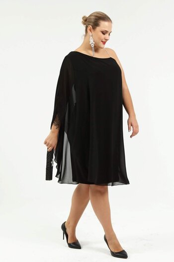 Zer Otantik Plus Size One Shoulder Black Evening Dress with Stones Detail Straps 6060K