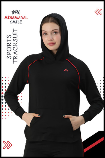 missmaral Women's Black Sports Tracksuit Set - Spanish Leg, Double Pockets, Hood, Kangaroo Pockets 3053