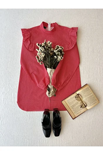 KÜÇÜĞÜM BUTİK Women's Red Polka Dot Tunic and Red Polka Dot Collar Poplin Girl's Dress