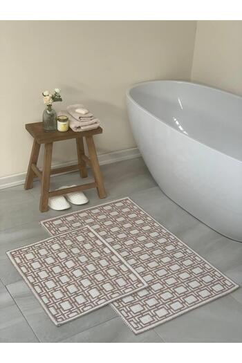 Bluenity Lyon Natural Cotton 2-Piece Bath Mat Set 60x100+50x60 Cm Beige