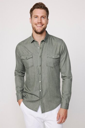 Tudors Slim Fit Long Sleeve Double Pocket Snap Fastener Denim Jeans Men's Khaki Shirt