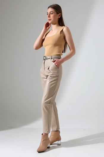 Gugus Women's High Waist Leather Pants - Belted Carrot Model