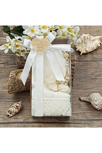 İkranur Gift Shawl with Lace, Pearl Prayer Beads, Heart Plexiglass, Kraft Acetate Box (20×10) Set