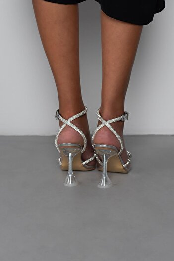 Beyond Women's Transparent Silver Nirvana Bow Stone Detailed Ankle Strap Sheer Heeled Evening Dress Shoes