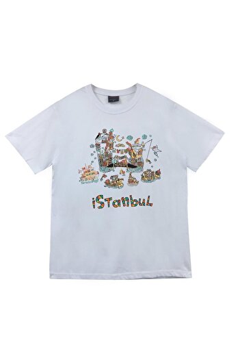 fame-stoned Λευκό μπλουζάκι Istanbul Printed Unisex 100% Cotton