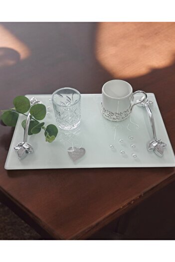 CyzHome Adore Silver White Pearl Promise Tray Engagement Tray and Groom Coffee Cup Tray