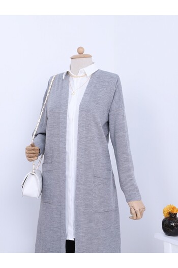 Modamorfo Long Knitted Cardigan with Ribbed Pockets and Slits
