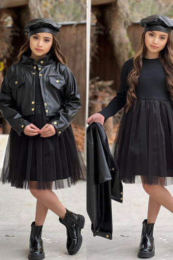 ELAFOR Girls' Festive Dress with Leather Jacket and Leather Hat Skirt Tulle April 23 Dress