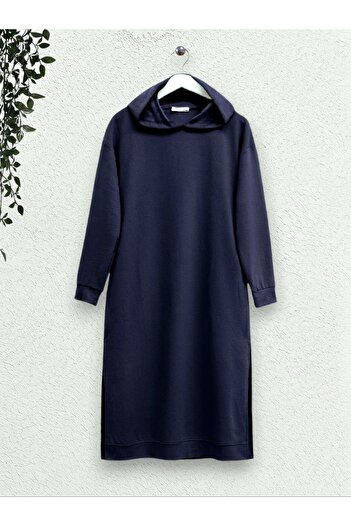 Modamorfo Long Combed Cotton Tunic - Hooded, Slit and Double Pockets - Navy
