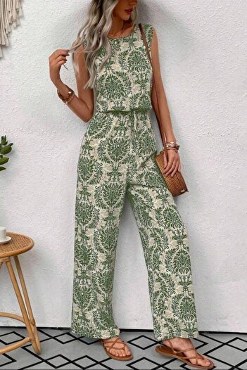 Mossta Green Ethnic Patterned Sleeveless Single Jersey Jumpsuit - Back Zip