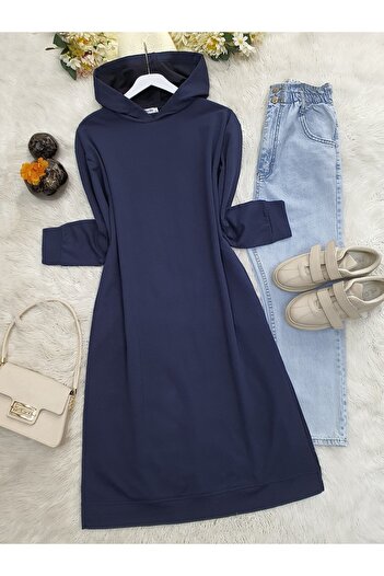 Modamorfo Long Combed Cotton Tunic - Hooded, Slit and Double Pockets - Navy