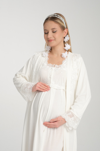 Effort Pijama Copy - Maternity Effort Maternity Ecru Long Sleeve Nightgown and Dressing Gown Set