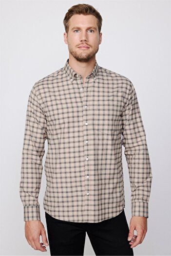 Tudors Classic Fit Long Sleeve Button Down Collar Small Checkered Cotton Men's Beige Shirt