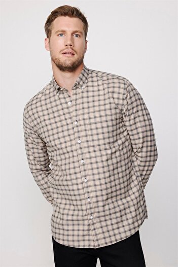 Tudors Classic Fit Long Sleeve Button Down Collar Small Checkered Cotton Men's Beige Shirt
