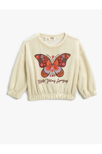 Koton Crop Sweatshirt Butterfly Embroidered Ribbed Round Neck