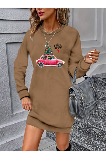 buğrahayalin Women's Long Sleeve Crew Neck Print Viscose Two Thread Dress