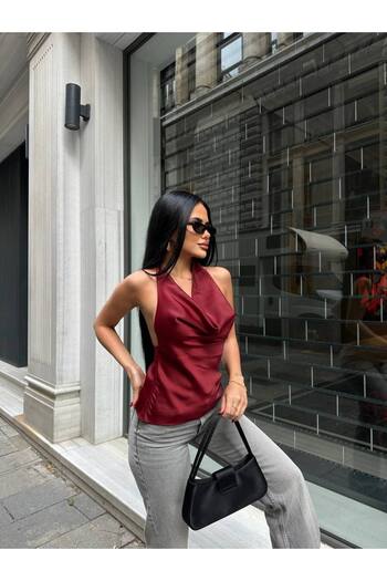 Friday Mood Women's Back Low-Cut Degaje Neck Satin Blouse