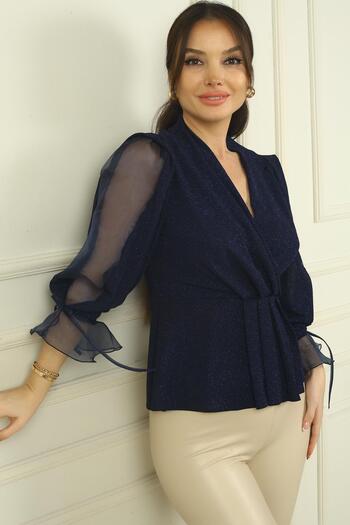 By Saygı Women's Double Breasted Collar Sleeve Half Organza Large Size Spaced Glitter Blouse