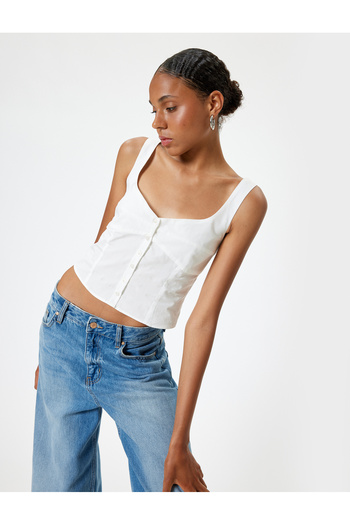 Koton Poplin Crop Tank Top - Thick Strap, Buttoned, V-Neck, Slim Fit