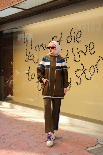 MİMİ Luxury Wear Khaki Hijab Tracksuit Set - Zippered Double Set