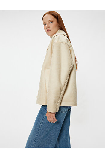 Koton Sima Tarkan - Faux Leather Biker Jacket with Double Breasted Collar and Faux Fur Pocket