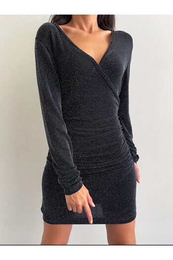 Modamorfo Long Sleeve Double Breasted Glitter Dress
