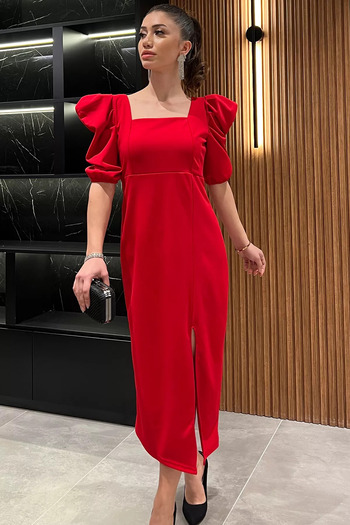 GÜLSELİ Red Women's Back Low-Cut Slit Square Neck Dress