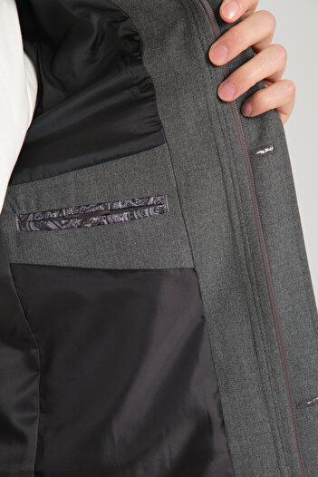 Frappoli Erkek Slim Fit Kumaş Trençkot Mont Fermuarlı-Düğmeli