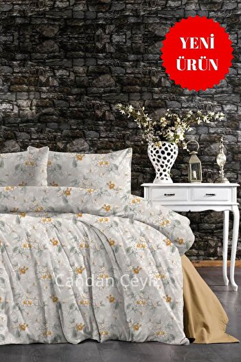 CANDAN ÇEYİZ Double Duvet Cover with Elastic Sheet Cotton Sevde Yellow Duvet Cover Set