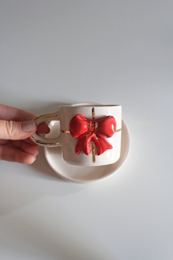 sukupotCeramics Kırmızı Fiyonklu Fincan