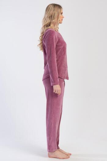 VİENETTA Women's Velvet Long Sleeve Pink Pajama Suit C0T8N0O304